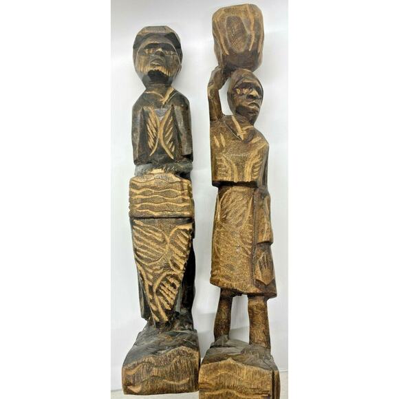 Vintage Tribal African Couple Hand Carved Wooden 12" Sculptures ~ Man & Woman - Picture 1 of 10